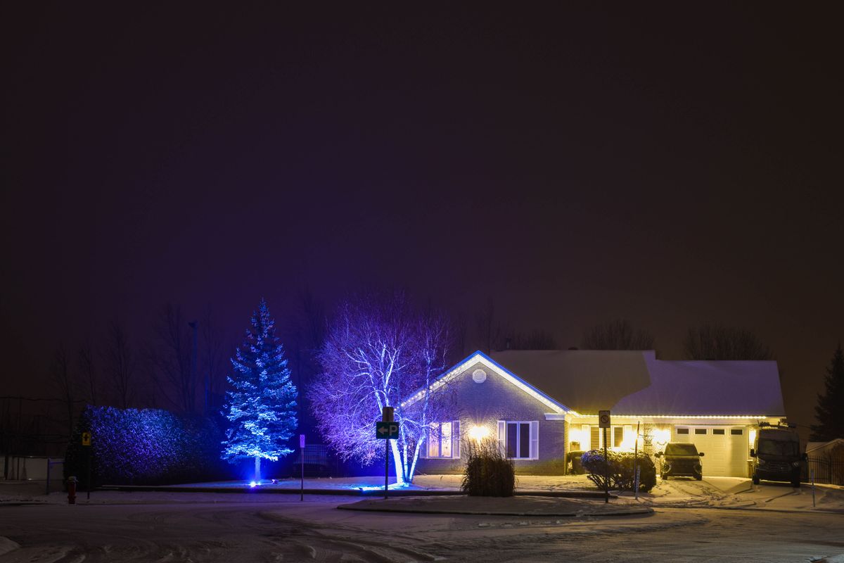 Professionally installed Christmas lights — Evening curb appeal — <b>Nashville</b>